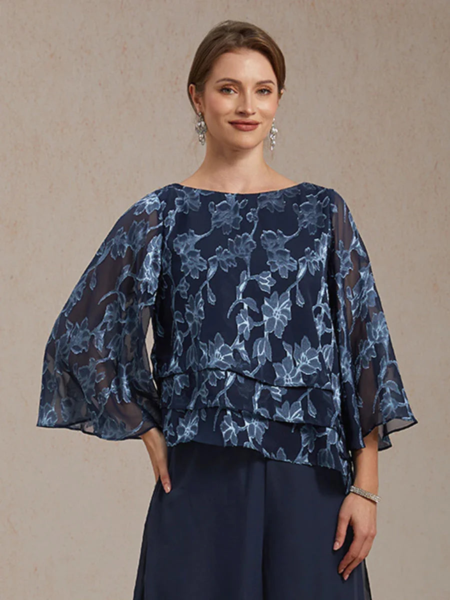 Floral Chiffon Boat Neck Blouse with A-Line Sleeves