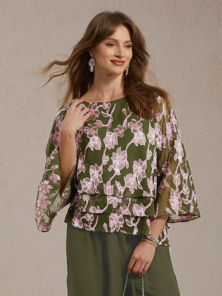 Floral Chiffon Boat Neck Blouse with A-Line Sleeves