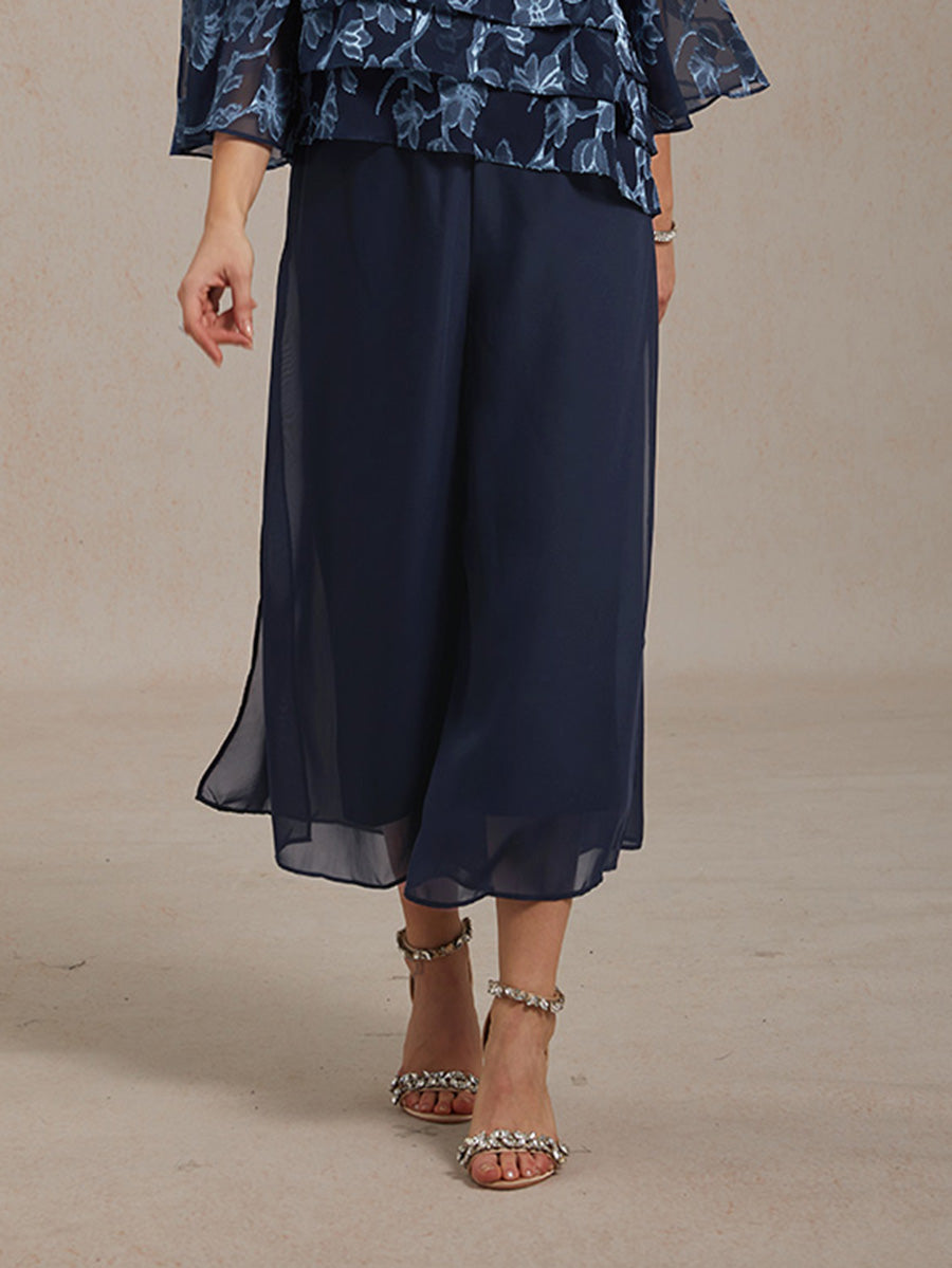 Floral Chiffon Blouse And Chiffon Pants Suit