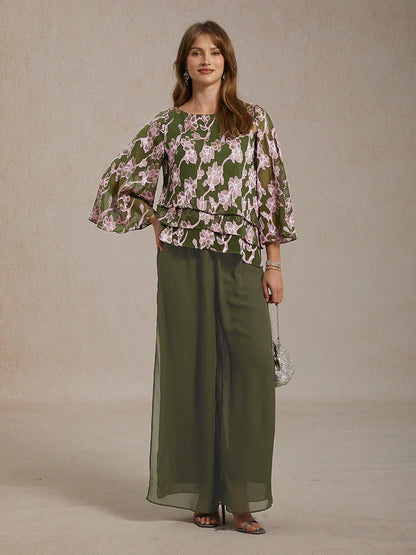 Floral Chiffon Boat Neck Blouse with A-Line Sleeves