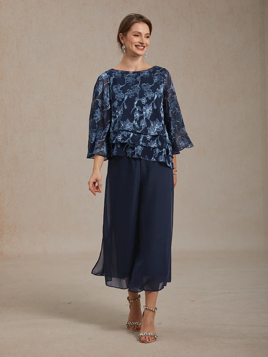 Floral Chiffon Boat Neck Blouse with A-Line Sleeves