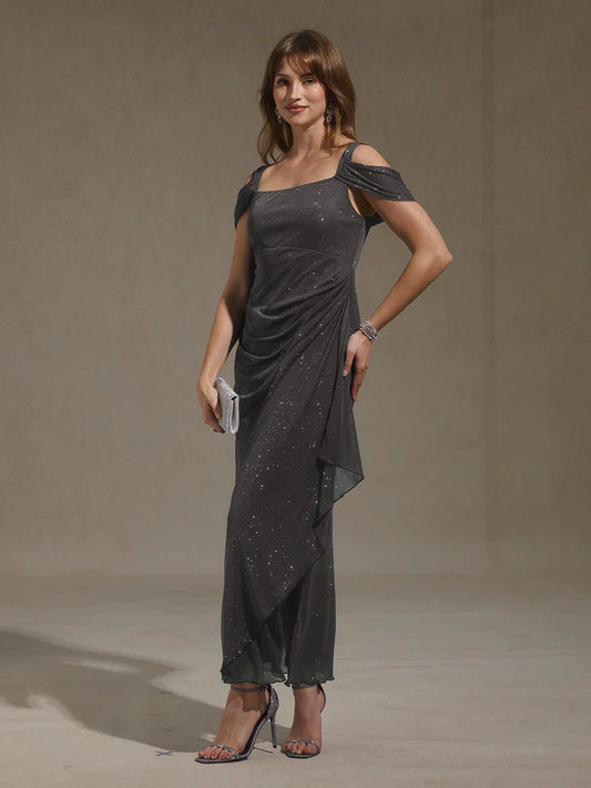 Ankle-Length Cold Shoulder Glitter Mesh Dress