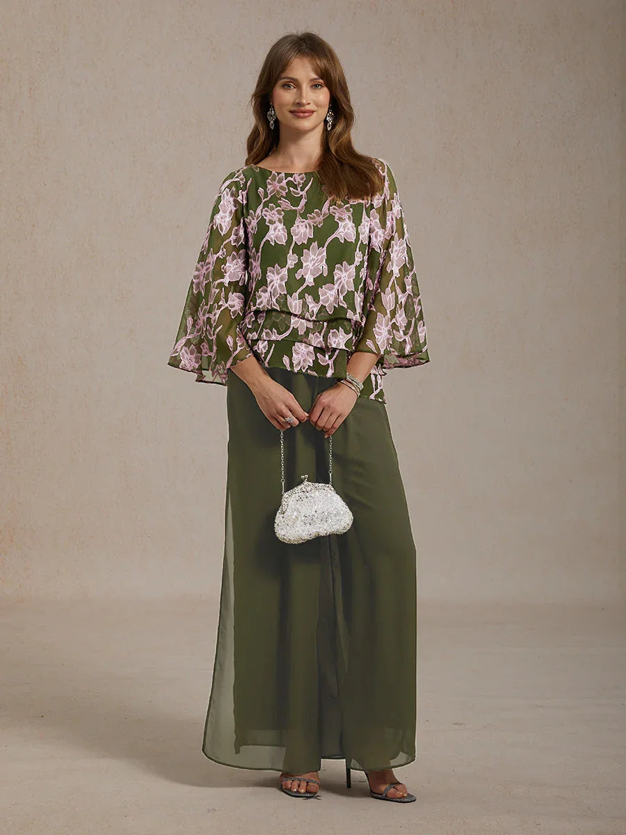 Floral Chiffon Boat Neck Blouse with A-Line Sleeves