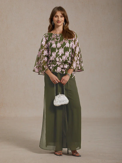 Floral Chiffon Boat Neck Blouse with A-Line Sleeves