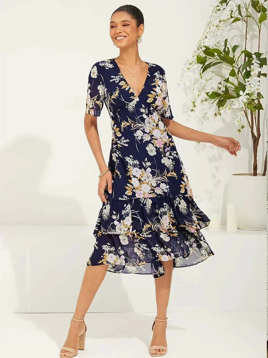 Floral Chiffon V Neck Ruffle Midi Dress msglamor Floral Chiffon V Neck Ruffle Midi Dress msglamor
