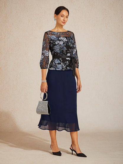 Bluse mit Blumenstickerei, 3/4-Puffärmeln und Illusionsausschnitt