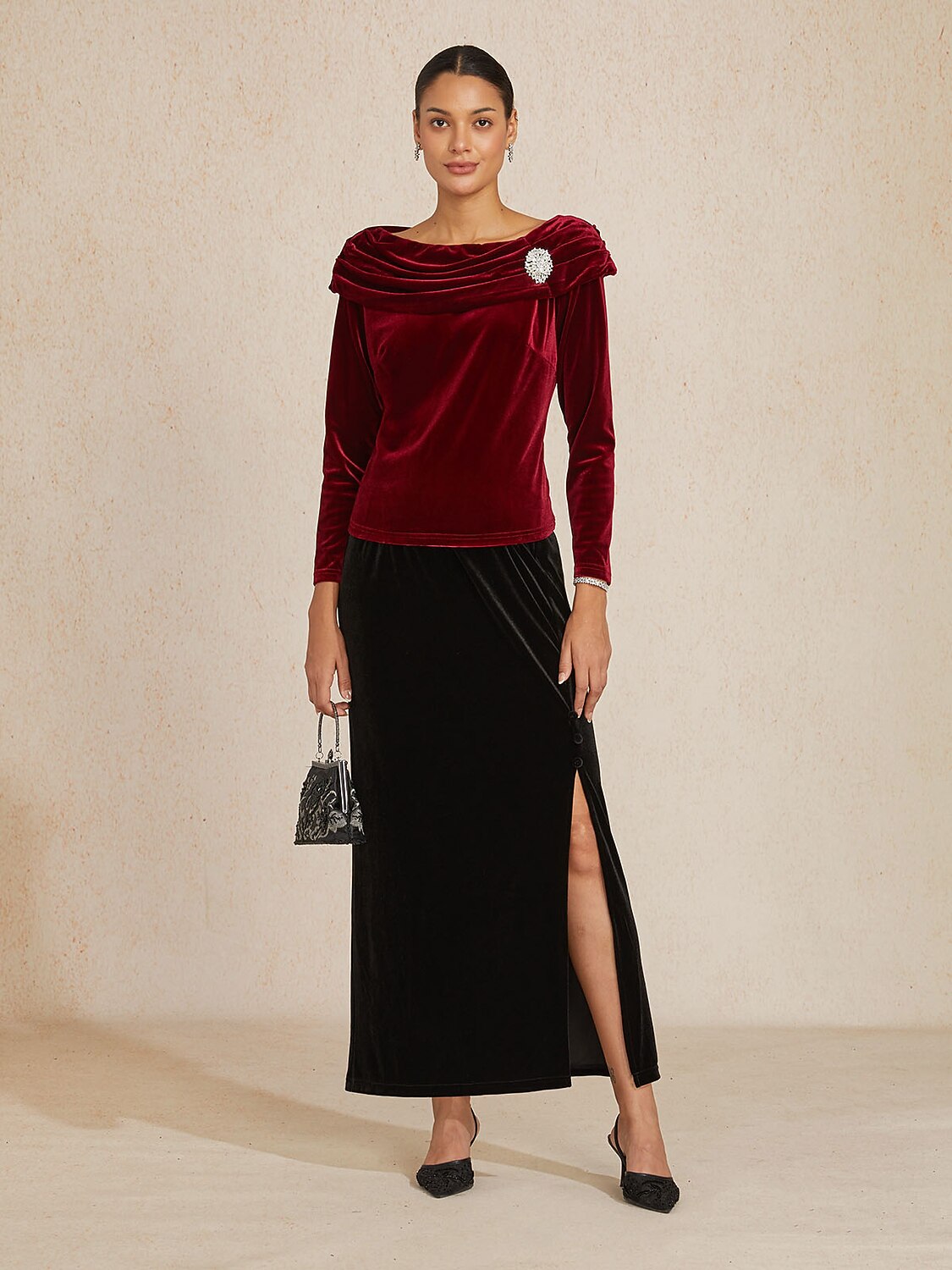 Long Sleeve Velvet Blouse with Ruched Collar