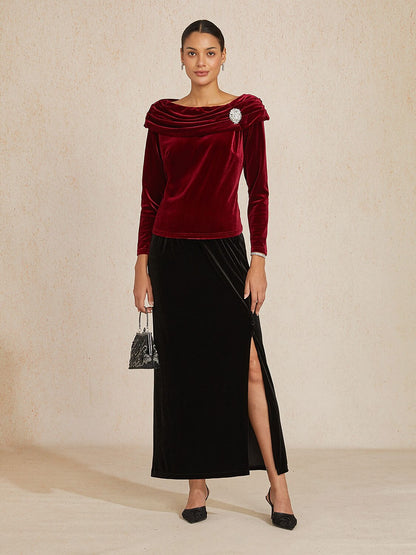 Long Sleeve Velvet Blouse with Ruched Collar