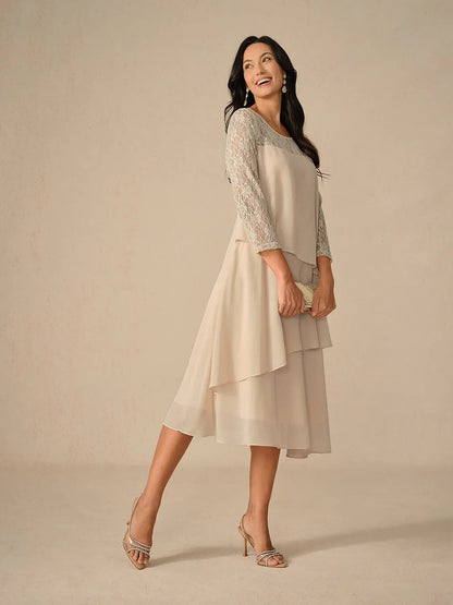 Lace Tiered Chiffon 3/4 Length Sleeve Dress