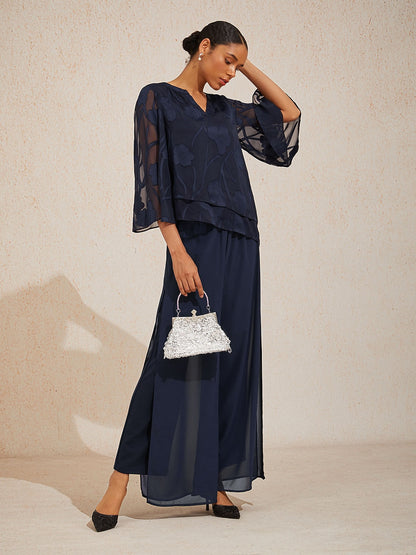 Layered Bell Sleeve Notched Neck Floral Tops