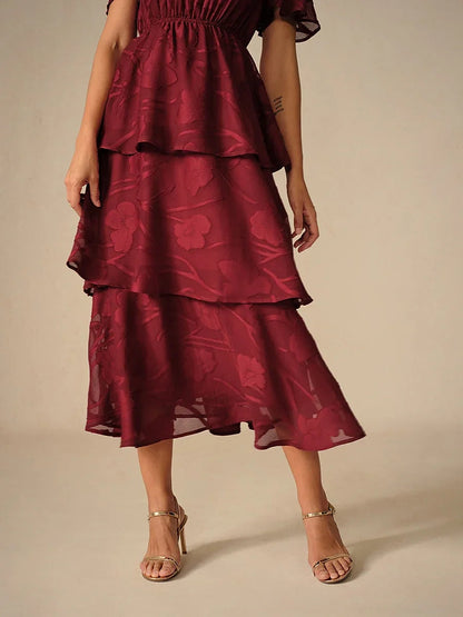 Lace V Neck Ruffle Layered Flutter Dress