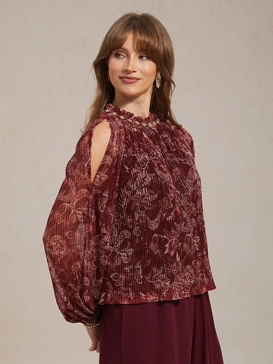 Ruffled Cold Shoulder Chiffon Blouse with Metallic Detail