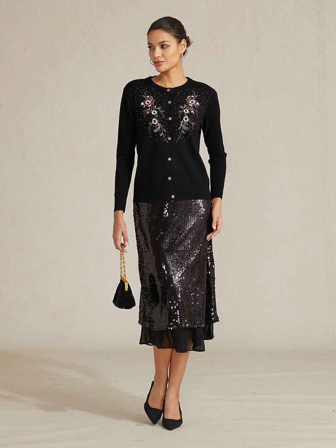 Embroidered Rhinestone Floral Cardigan
