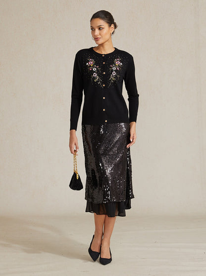 Embroidered Rhinestone Floral Cardigan