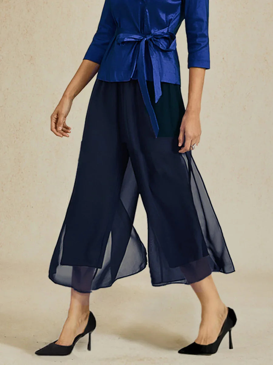 Cropped Length Straight Leg Pant With Chiffon Split Leg Overlay