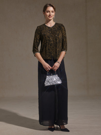 Dreiviertelärmeliges Strick-Twinset mit Blumenmuster