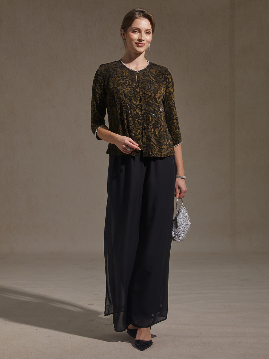 Dreiviertelärmeliges Strick-Twinset mit Blumenmuster