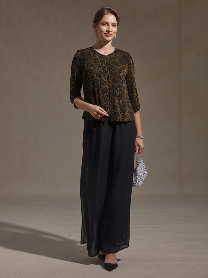 Dreiviertelärmeliges Strick-Twinset mit Blumenmuster