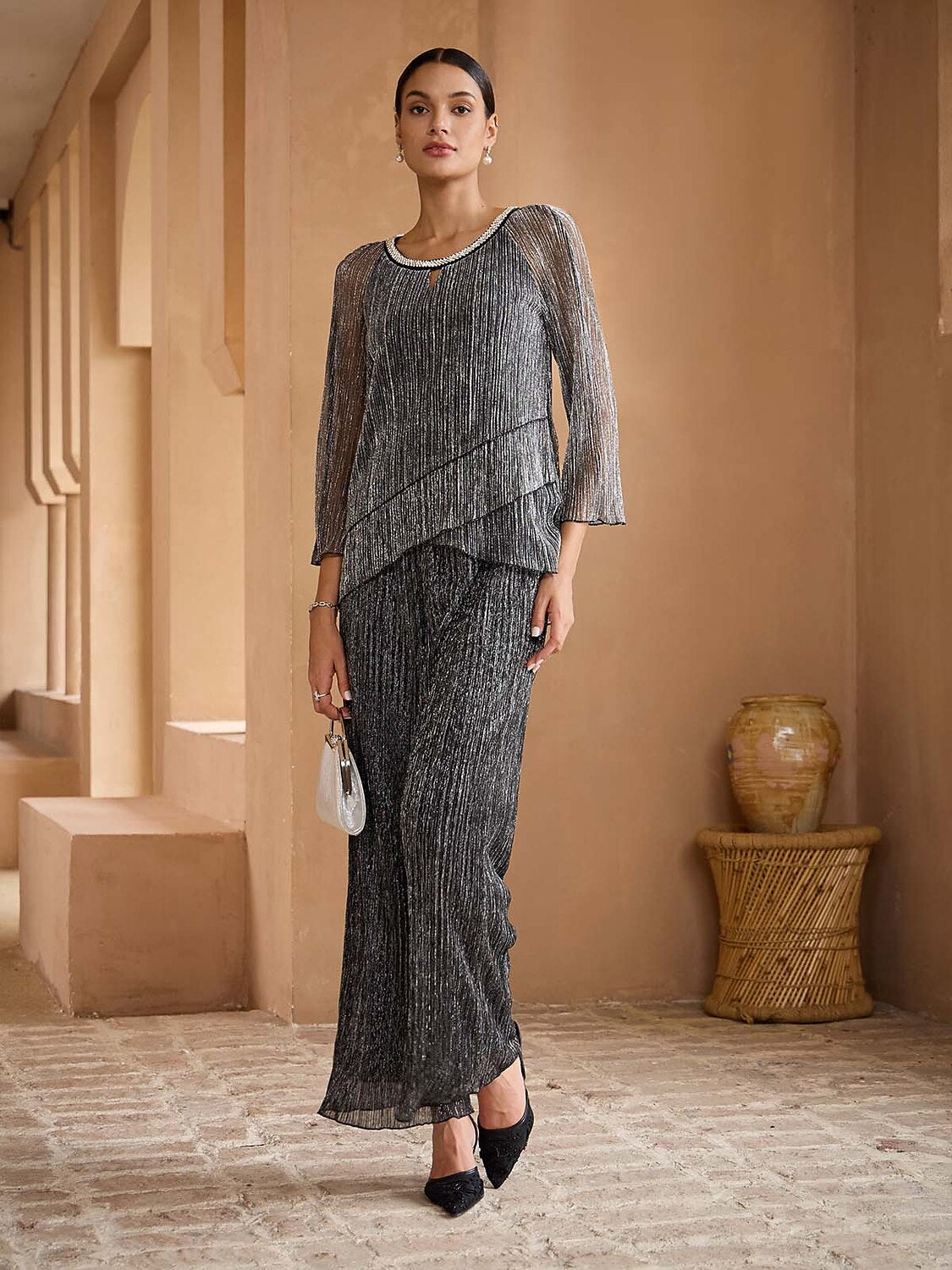 Wide Straight-Leg Chiffon Pants