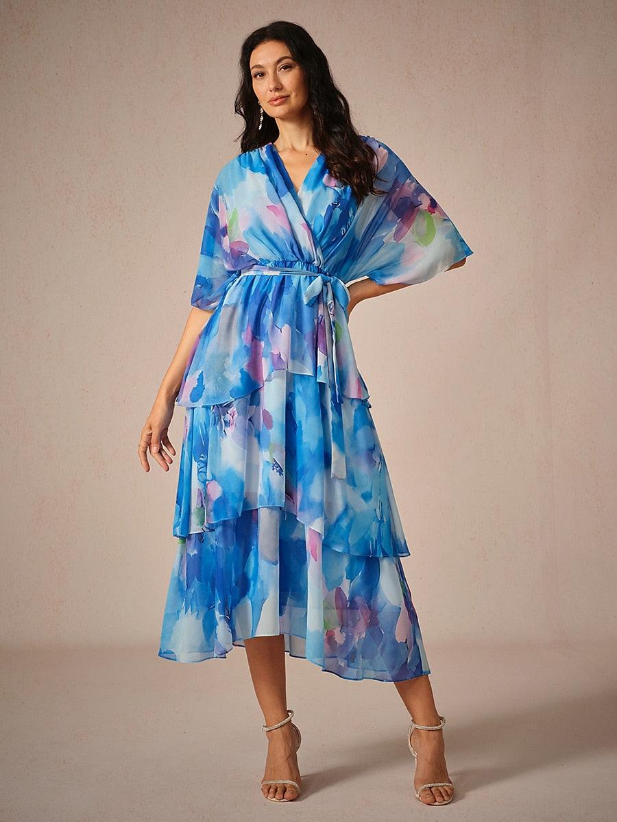 Chiffon Layered Ruffle V Neck Tye Dye Dress-S13258899