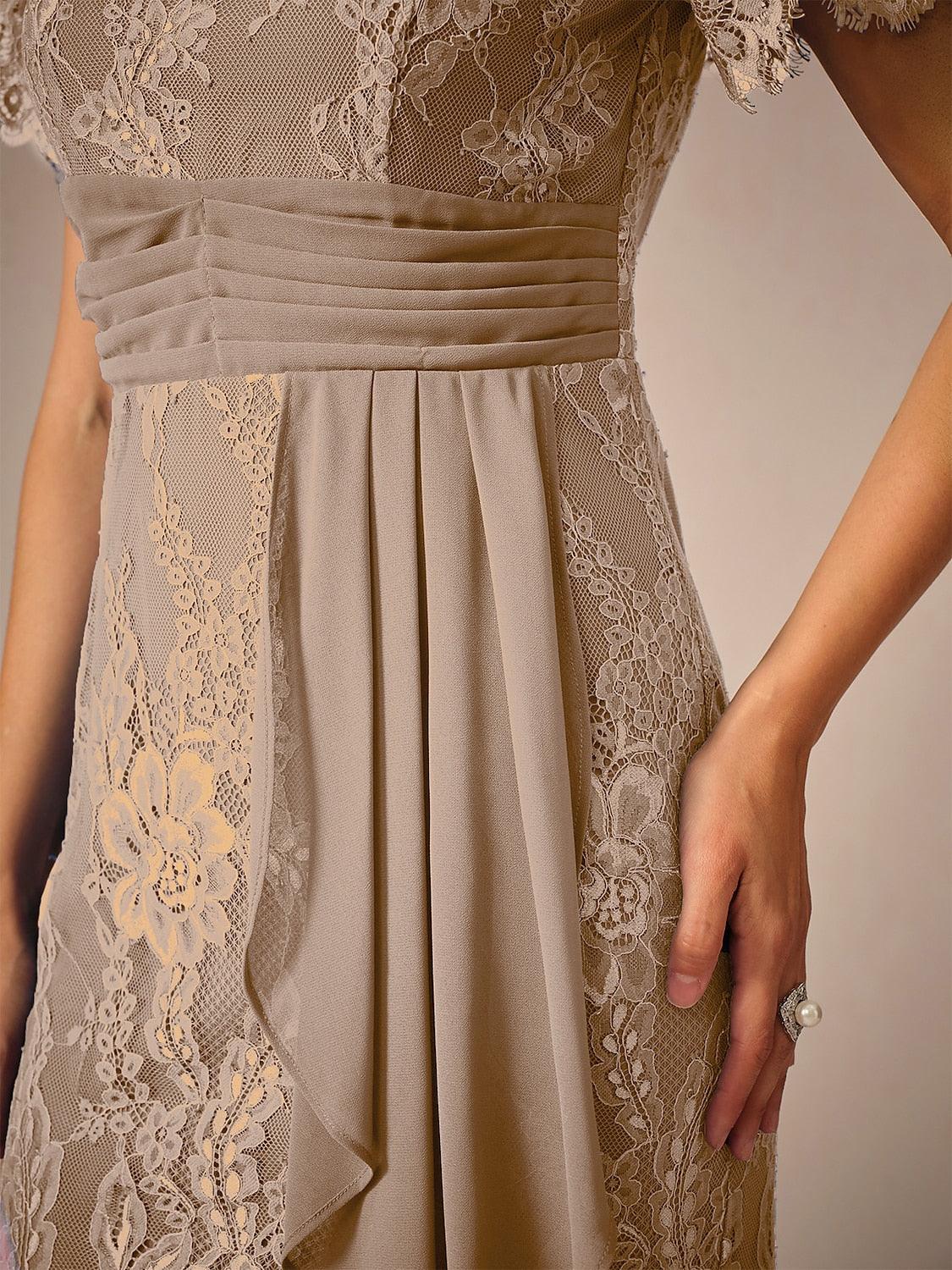 Lace-Tiered-Chiffon-3/4-Length-Sleeve-Dress-Champagne-S18424374