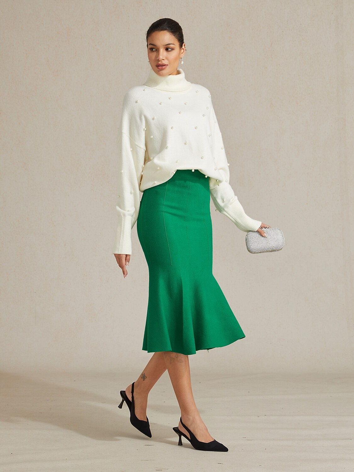 Pearl-embellished Turtle Neck Sweater