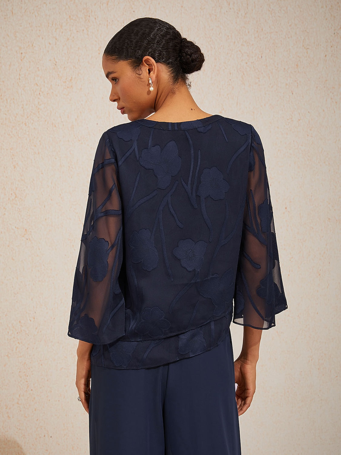 Layered Bell Sleeve Notched Neck Floral Tops
