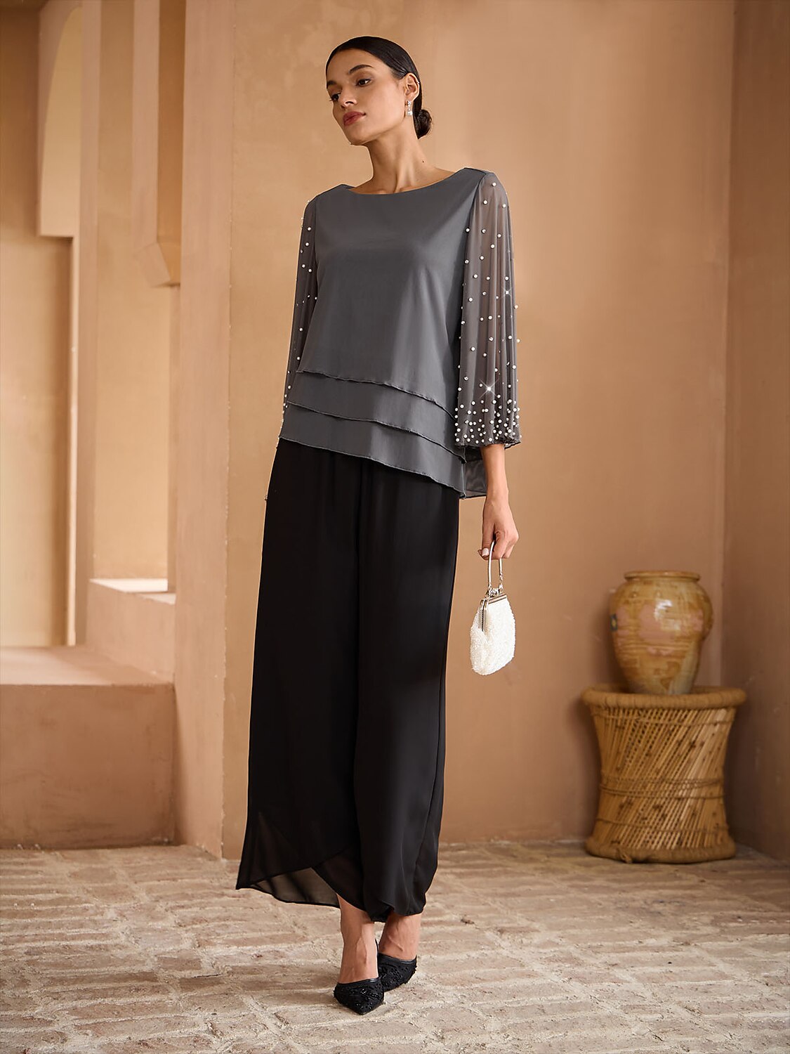 Beaded Layered Mesh Elegant Tops