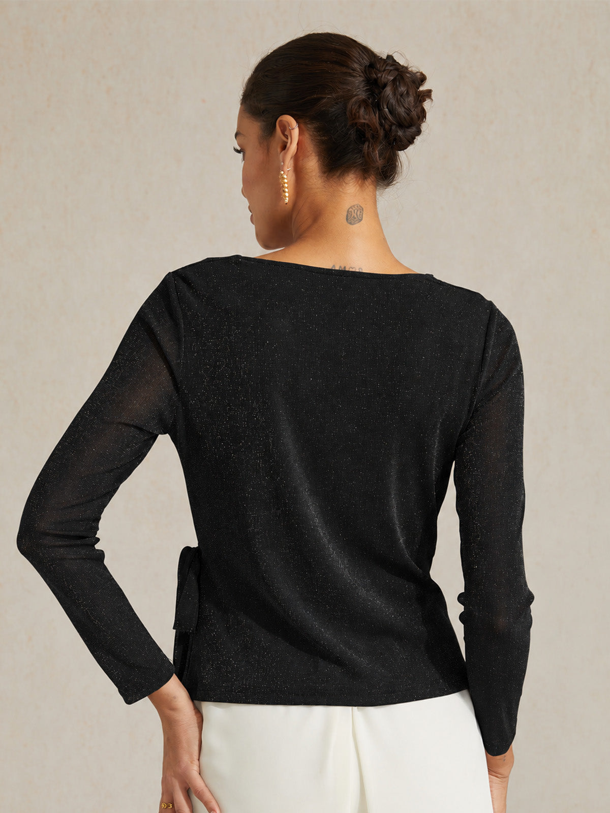 Elegant Metallic Tie Waist Knit Top