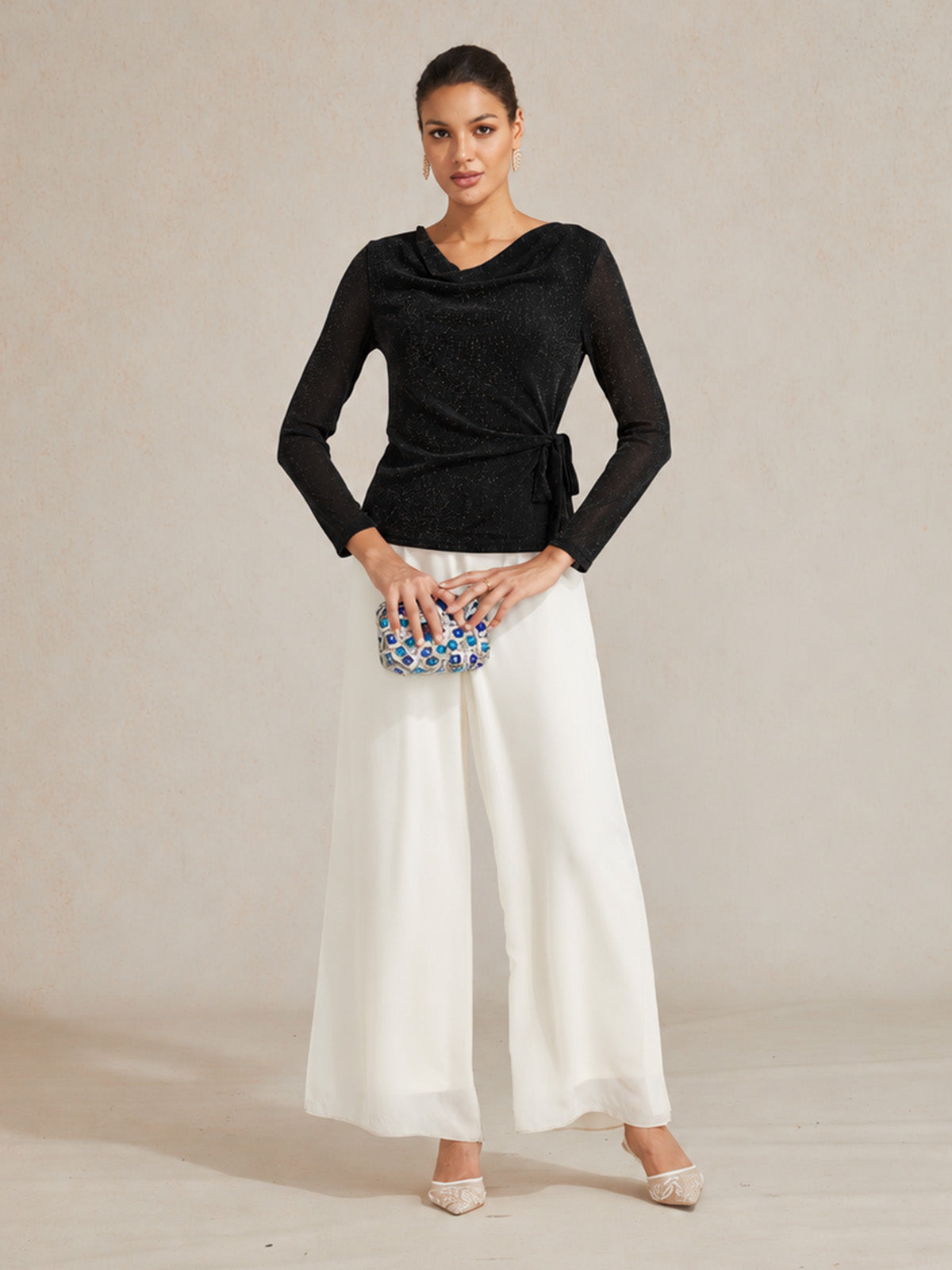Elegant Metallic Tie Waist Knit Top