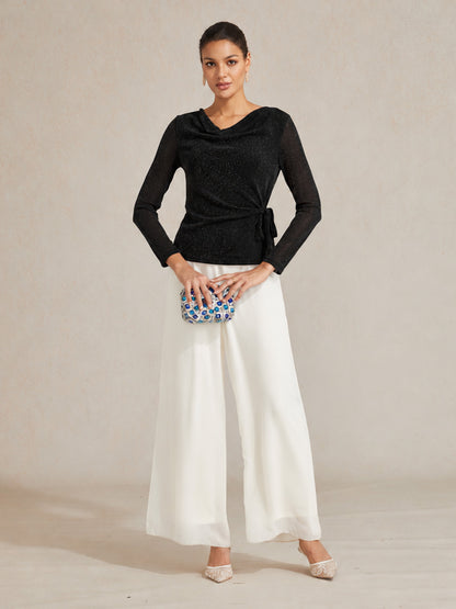 Elegant Metallic Tie Waist Knit Top