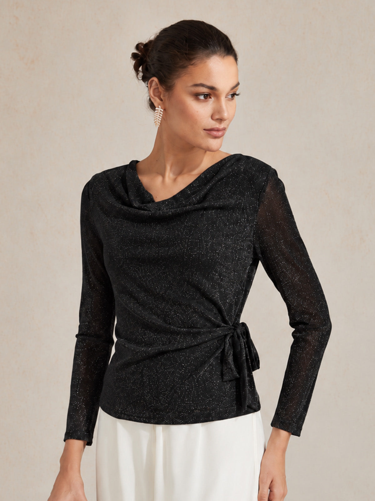 Elegant Metallic Tie Waist Knit Top