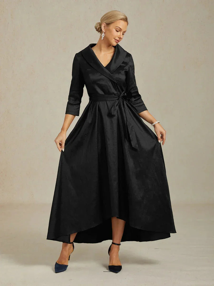3 4 Sleeve Ankle Length Dress Semi Formal Taffeta High Low Evening Gown Red Navy Blue Green Elegant Classic 60 Year Old Women, Black / S