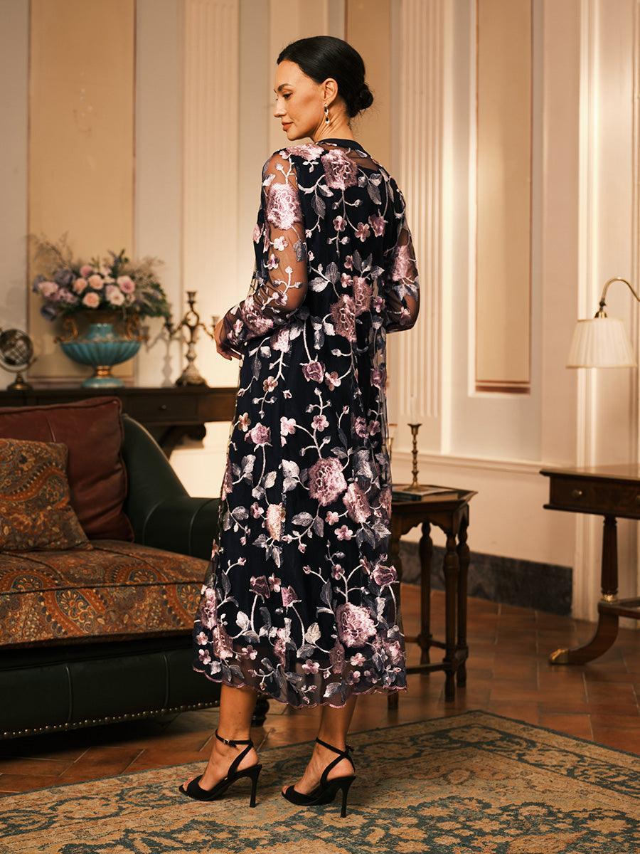 Mesh Lace Embroidered Floral Dress Sets Gray Pink Dress Wedding Guest Mother Of The Bride A Line Long Sleeve Two Pieces Sets, Navy Blue / XL Mesh Lace Embroidered Floral Dress Sets Gray Pink Dress Wedding Guest Mother Of The Bride A Line Long Sleeve Two Pieces Sets, Navy Blue / XL