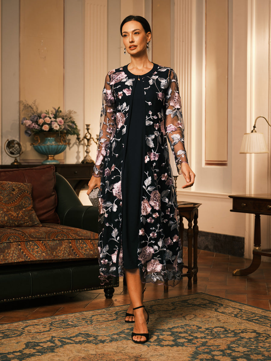 Mesh Lace Embroidered Floral Dress Set