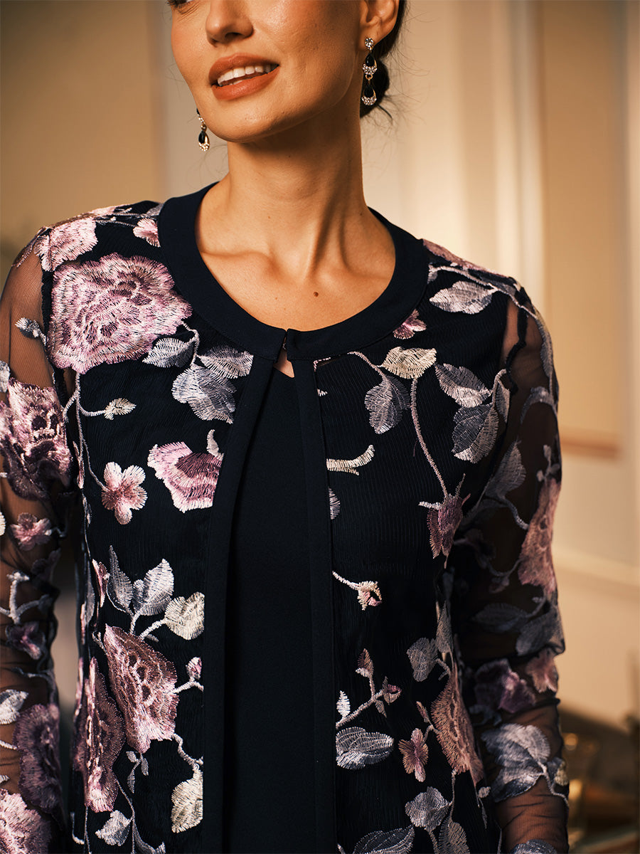 Mesh Lace Embroidered Floral Dress Set