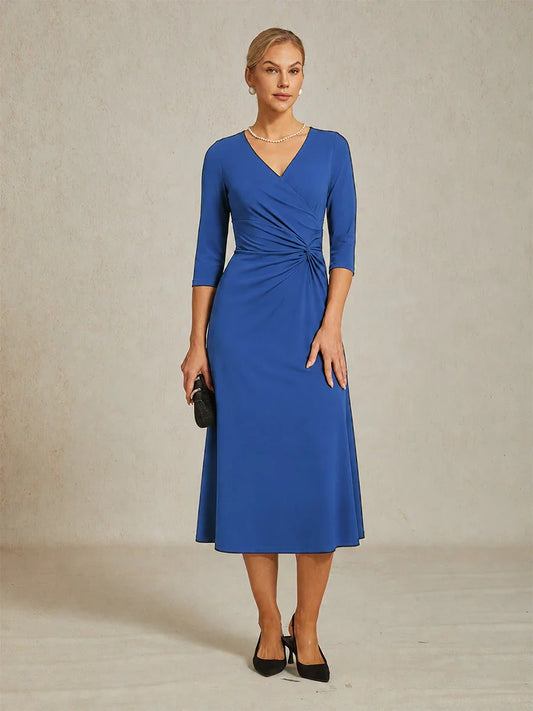 V-Neck A-Line Knit Dress with Waist Twist Design