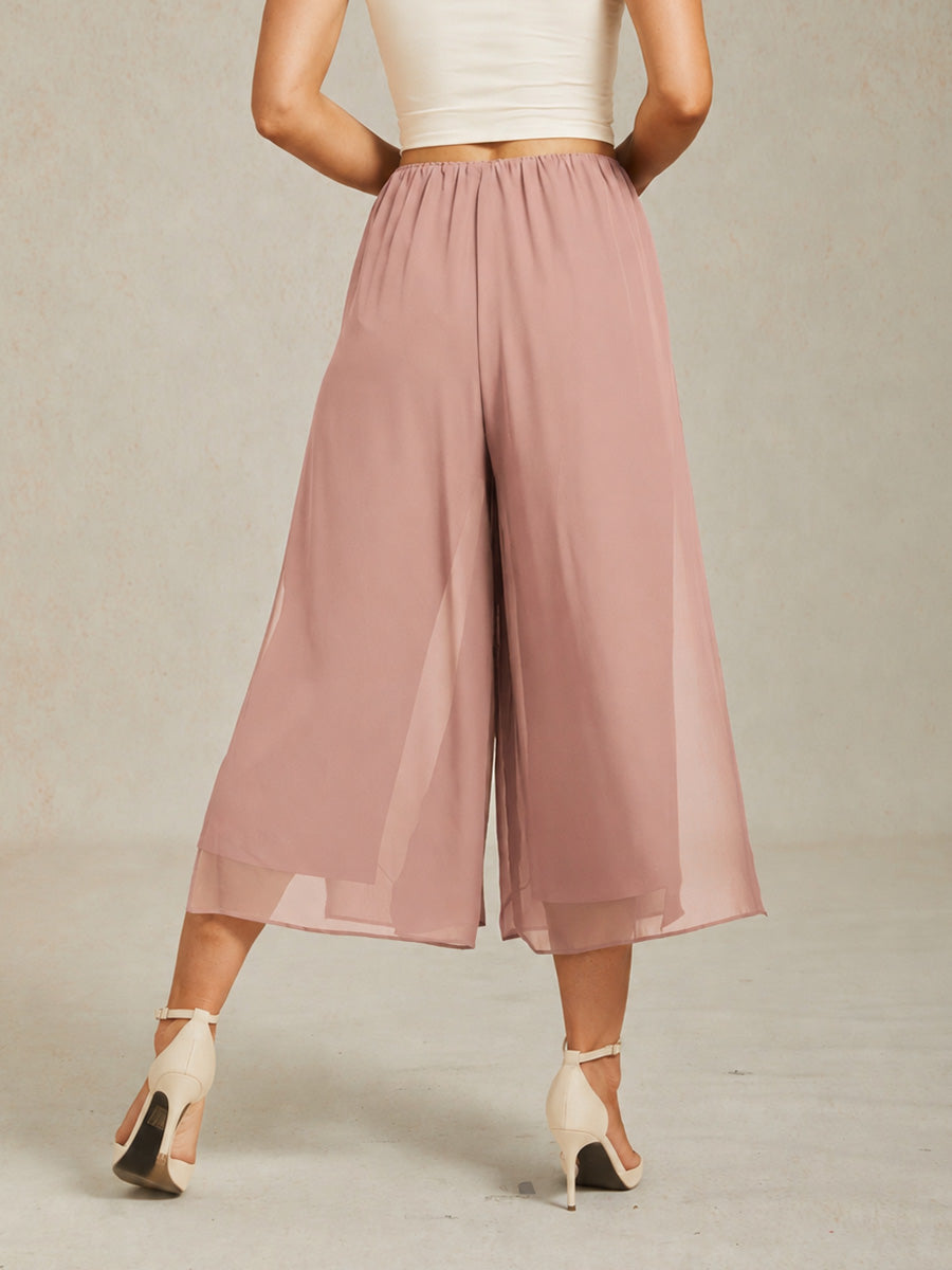 Cropped Length Straight Leg Pant With Chiffon Split Leg Overlay