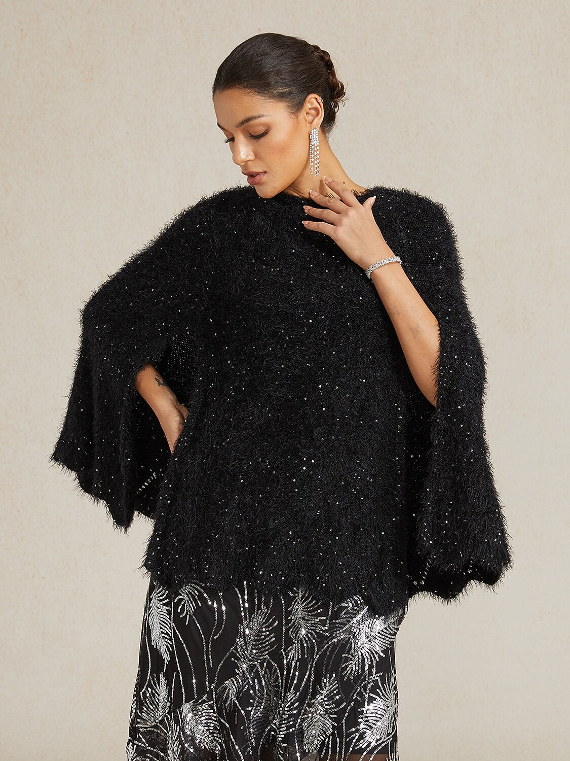 Sequin Knit Poncho Sweater