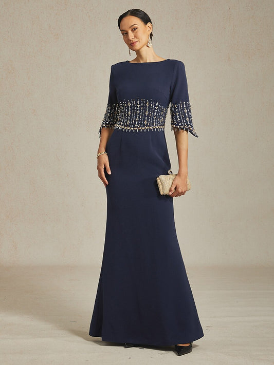 Boat Neck Mermaid Evening Gown with Crystal Details