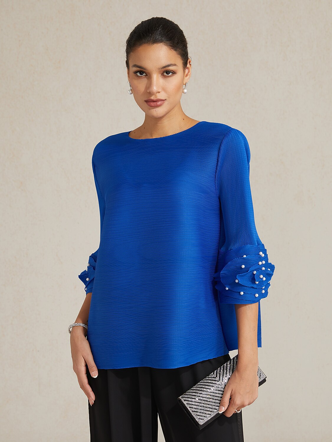 Pleated Floral Pearl Sleeve Top