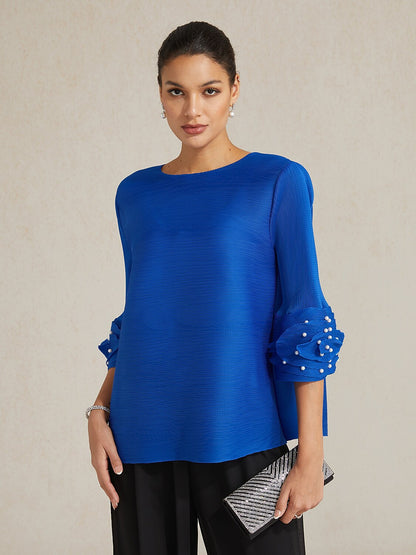 Pleated Floral Pearl Sleeve Top