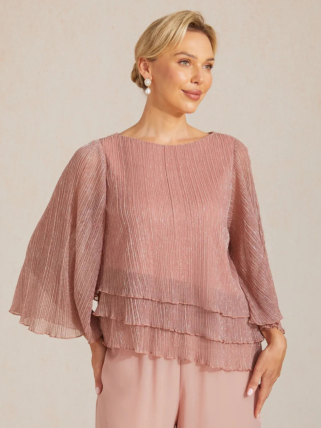 Metallic Pleated Chiffon Asymmetrical Layered Blouse
