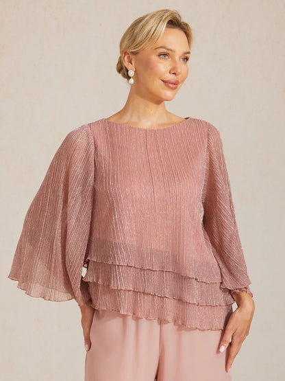 Metallic Pleated Chiffon Asymmetrical Layered Blouse