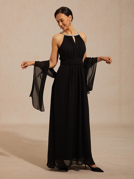 Chiffon Pearl Halter Neck Floor-Length Dress