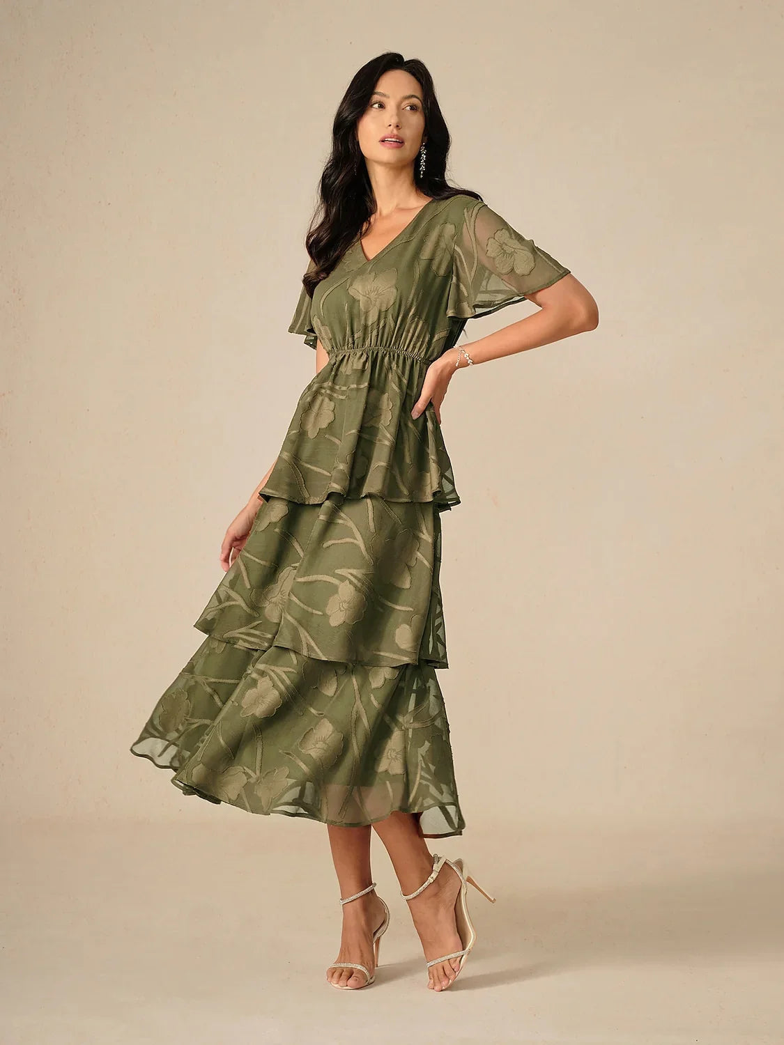 Lace V Neck Ruffle Layered Flutter Dress