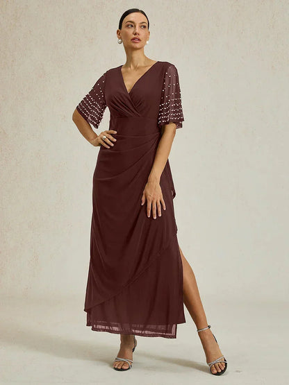 Elegant Formal Dress with Embellished Flutter Sleeves