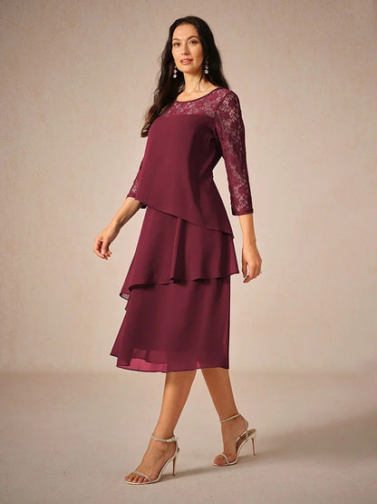 Lace Tiered Chiffon 3/4 Length Sleeve Dress