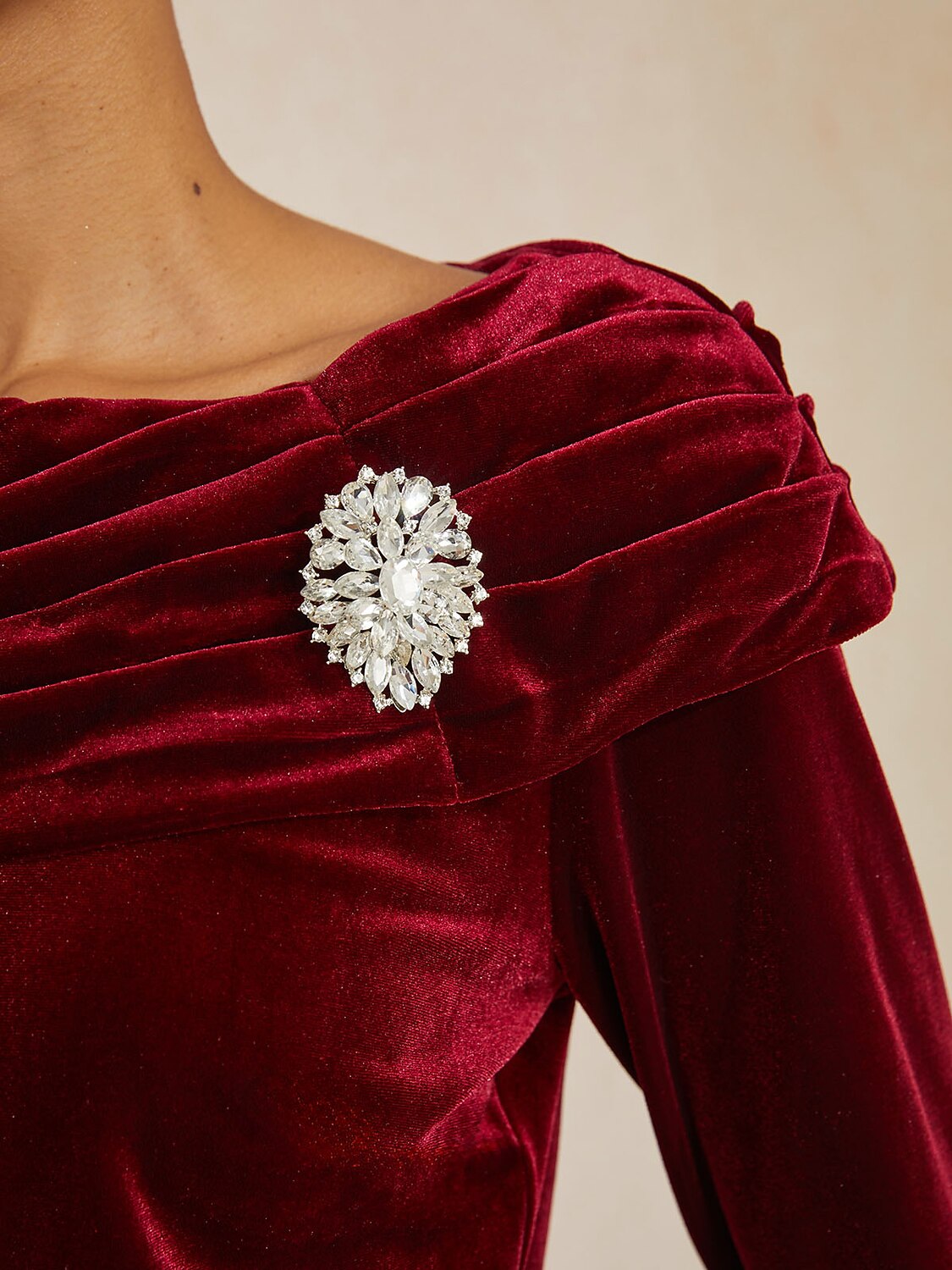 Long Sleeve Velvet Blouse with Ruched Collar