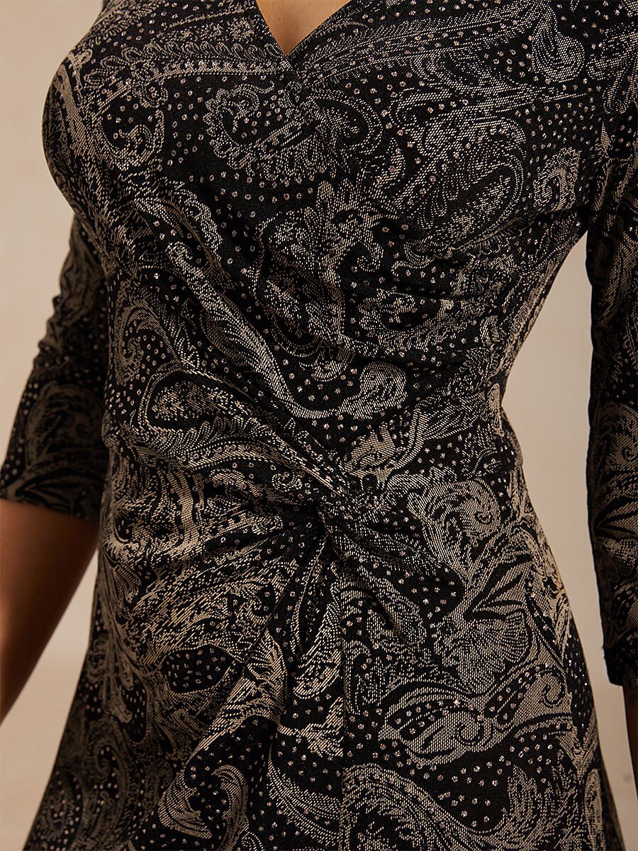 Paisley V-Neck A-Line Knit Dress with Waist Twist Design
